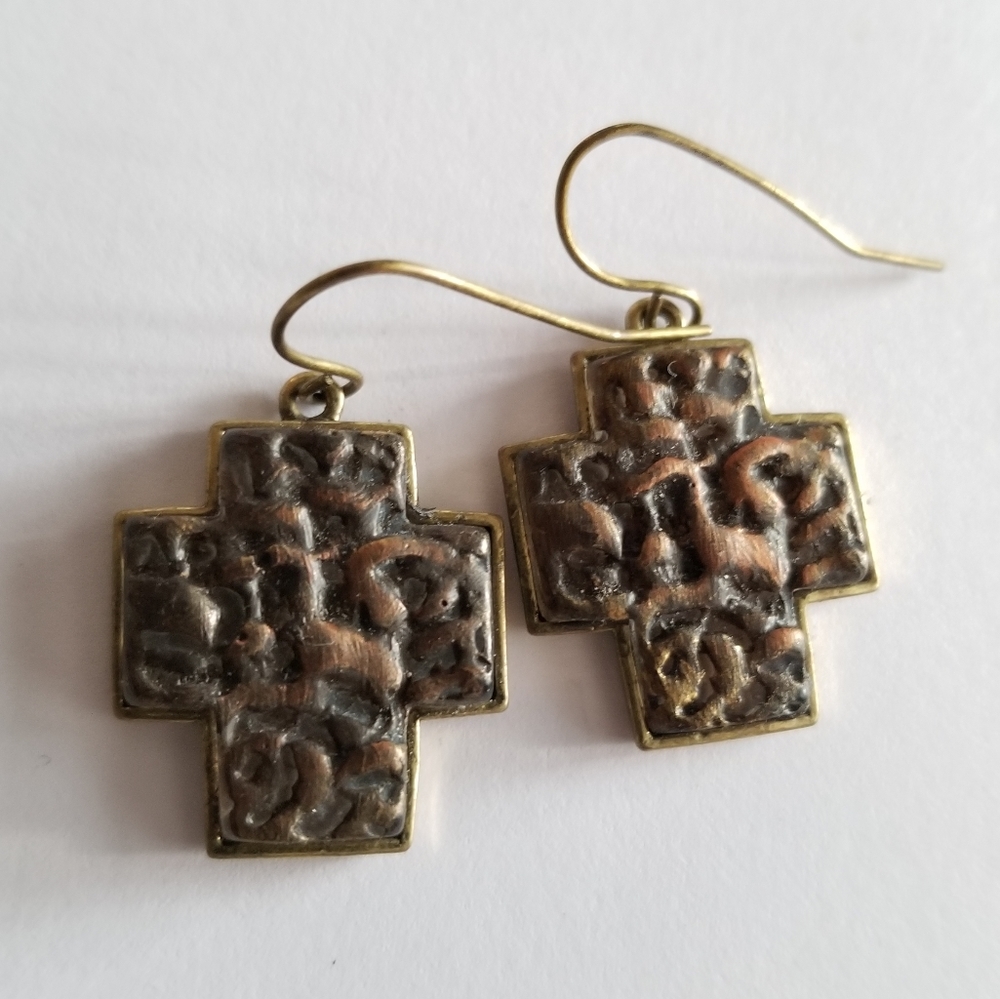 Cross earrings with bumpy copper color inserts Antiqued gold tone metal